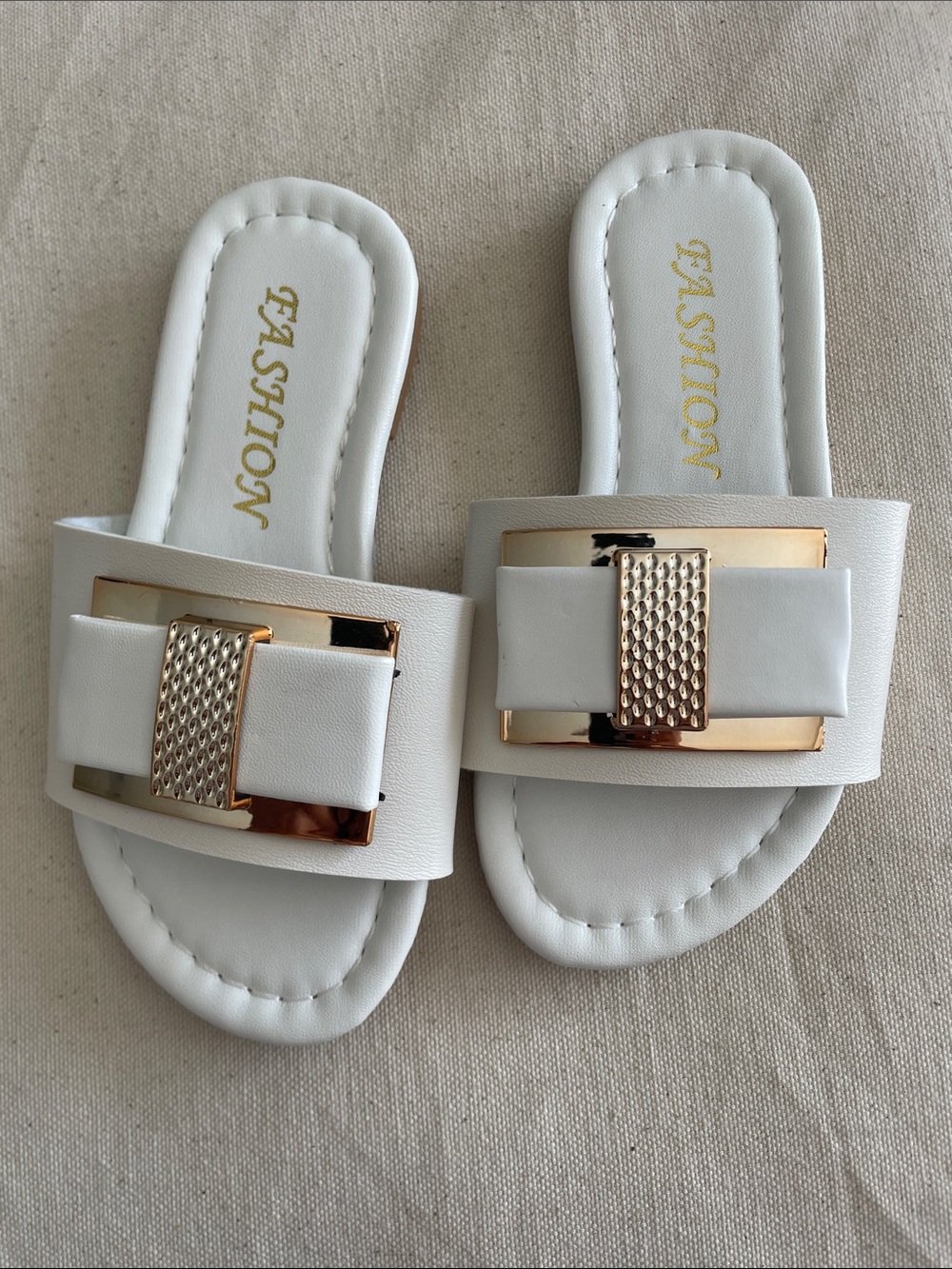 Kids White Slide Sandals with Gold Buckle Accent